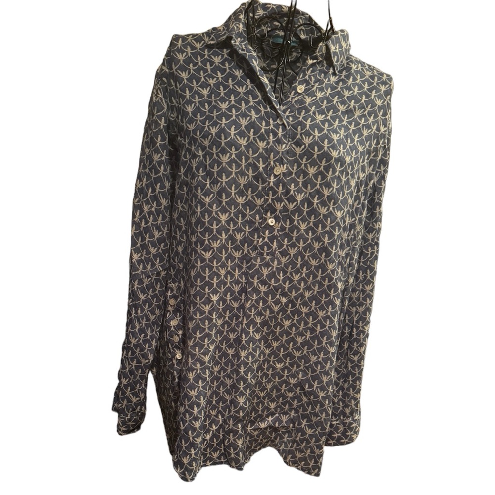 J. McLaughlin large linen blue tunic with parrot motif